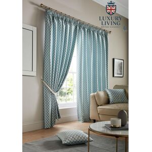 Luxury Living Modern Geometric Two-Tone Jacquard Lined Pencil Pleat Taped Curtains in Teal Size: 168 cm width x 183 cm drop Teal 168 cm width x 183 cm drop Luxury Living Modern Geometric Two-Tone Jacquard Lined Pencil Pleat Taped Curtains in Teal Size: 168 cm width x 183 cm drop Teal 168 cm width x 183 cm drop