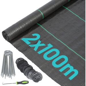 Harbour Housewares 110gsm Weed Control Membrane with Pegs & Plates - 2m x 100m (10 Rolls) in Black Black Harbour Housewares 110gsm Weed Control Membrane with Pegs & Plates - 2m x 100m (10 Rolls) in Black Black