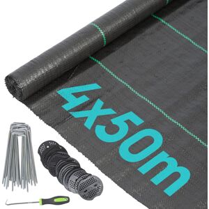 Harbour Housewares 110gsm Weed Control Membrane with Pegs & Plates 2m x 100m (4 Rolls) in Black Black Harbour Housewares 110gsm Weed Control Membrane with Pegs & Plates 2m x 100m (4 Rolls) in Black Black