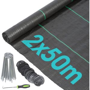 Harbour Housewares 110gsm Weed Control Membrane with Pegs & Plates 2m x 50m (2 Rolls) in Black Black Harbour Housewares 110gsm Weed Control Membrane with Pegs & Plates 2m x 50m (2 Rolls) in Black Black
