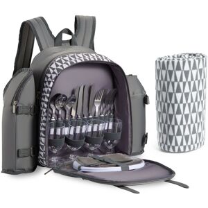 VonShef 4 Person Picnic Backpack with Full Dining Set & Blanket in Grey Grey VonShef 4 Person Picnic Backpack with Full Dining Set & Blanket in Grey Grey