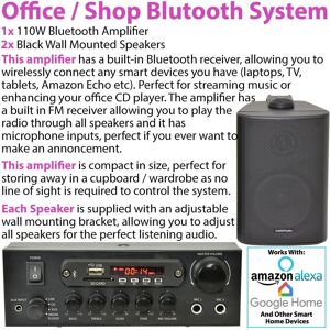 Loops Shop Bluetooth Music System 2x Black Speakers & 110W Amp Background FM Radio Black Loops Shop Bluetooth Music System 2x Black Speakers & 110W Amp Background FM Radio Black