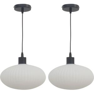 First Choice Lighting Set of 2 Baton - White Ribbed Oval Glass with Black Pendant Fittings White First Choice Lighting Set of 2 Baton - White Ribbed Oval Glass with Black Pendant Fittings White