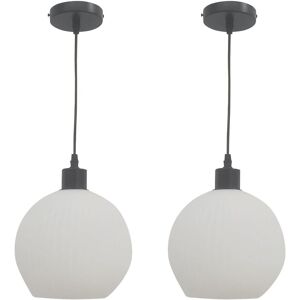 First Choice Lighting Set of 2 Betchley - White Ribbed Glass Globe with Black Pendant Fittings White First Choice Lighting Set of 2 Betchley - White Ribbed Glass Globe with Black Pendant Fittings White