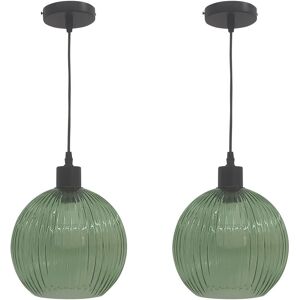 First Choice Lighting Set of 2 Betchley - Green Ribbed Glass Globe with Black Pendant Fittings Green First Choice Lighting Set of 2 Betchley - Green Ribbed Glass Globe with Black Pendant Fittings Green