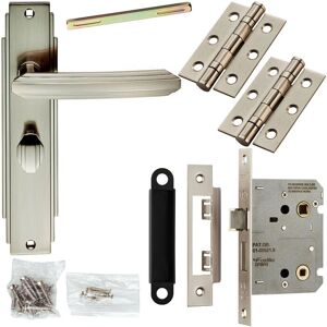 Loops Door Handle & Bathroom Lock Pack Satin Nickel Art Deco Detail Premium Backplate in Metallics Metallics Loops Door Handle & Bathroom Lock Pack Satin Nickel Art Deco Detail Premium Backplate in Metallics Metallics