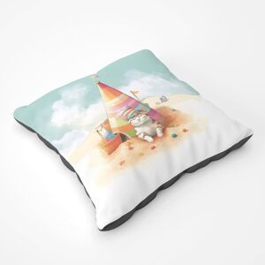 Warren Reed - Designer Cat On A Beach Holiday Floor Cushion in Yellow Size: Large Yellow Large Warren Reed - Designer Cat On A Beach Holiday Floor Cushion in Yellow Size: Large Yellow Large