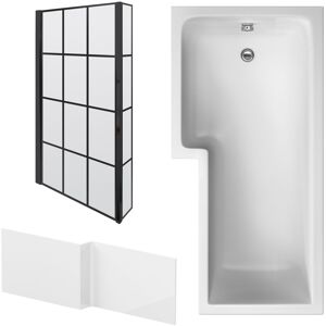 Balterley L Shape 1700x850 Shower Bath Set - Panel & Black Grid Return Screen LH in White White Balterley L Shape 1700x850 Shower Bath Set - Panel & Black Grid Return Screen LH in White White