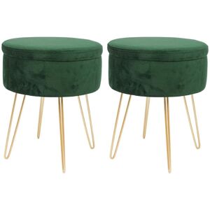 Harbour Housewares Round Velvet Storage Footstools - H45 x D36cm - Gold Legs - Pack of 2 in Green Green Harbour Housewares Round Velvet Storage Footstools - H45 x D36cm - Gold Legs - Pack of 2 in Green Green