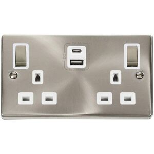 SE Home Satin / Brushed Chrome 2 Gang 13A DP Ingot Type A & C USB Twin Double Switched Plug Socket in Metallic Silver Metallic Silver SE Home Satin / Brushed Chrome 2 Gang 13A DP Ingot Type A & C USB Twin Double Switched Plug Socket in Metallic Silver Metallic Silver