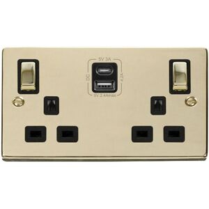 SE Home Polished Brass 2 Gang 13A DP Ingot Type A & C USB Twin Double Switched Plug Socket in Gold Gold SE Home Polished Brass 2 Gang 13A DP Ingot Type A & C USB Twin Double Switched Plug Socket in Gold Gold