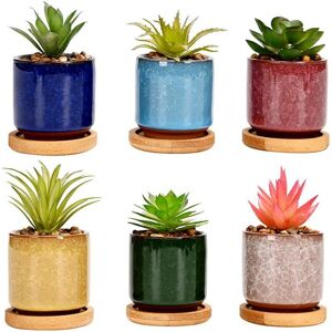 simpa 6PC Ice Crack Ceramic Plant Pots with Bamboo Base Multicolor simpa 6PC Ice Crack Ceramic Plant Pots with Bamboo Base Multicolor