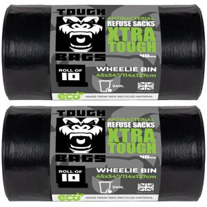 Tough Bags Antibacterial 240L Wheelie Bin Refuse Bags 40μm - 2 x 10 Bag Roll in Black Black Tough Bags Antibacterial 240L Wheelie Bin Refuse Bags 40μm - 2 x 10 Bag Roll in Black Black