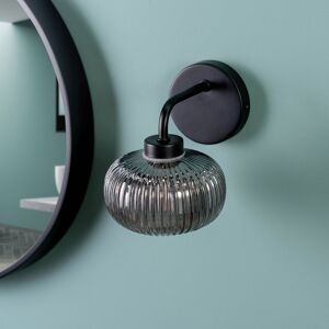 ValueLights Amaia Pair of Black IP44 Single Smoked Ribbed Glass Wall Lights with LED Bulbs Black ValueLights Amaia Pair of Black IP44 Single Smoked Ribbed Glass Wall Lights with LED Bulbs Black
