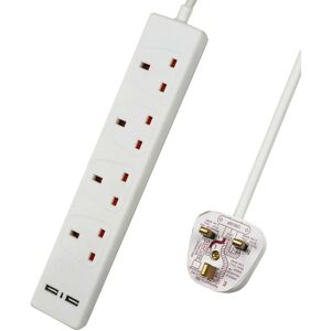 ExtraStar 4 Gang Extension Lead with built-in USB Slot x 2, 1M 13A in White White ExtraStar 4 Gang Extension Lead with built-in USB Slot x 2, 1M 13A in White White