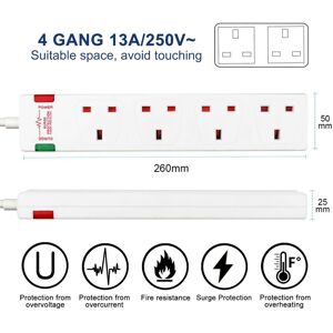 ExtraStar 4 Gang Extension Lead 13A Surge-Protection, 1M Length in White White ExtraStar 4 Gang Extension Lead 13A Surge-Protection, 1M Length in White White