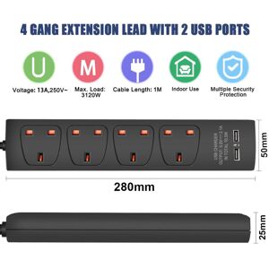 ExtraStar 4 Gang built-in USB Extension Lead 1M Black 13A Black ExtraStar 4 Gang built-in USB Extension Lead 1M Black 13A Black
