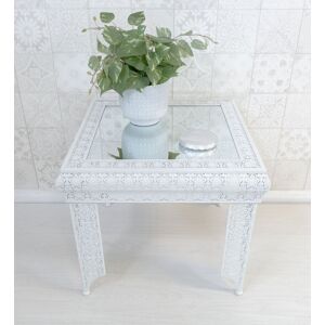 Downton Interiors White Embossed Metal Mirrored Glass Side Table - Agadir Collection Size: Medium White M Downton Interiors White Embossed Metal Mirrored Glass Side Table - Agadir Collection Size: Medium White M