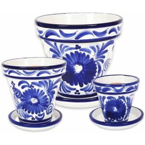 Verano Spanish Ceramics Blue Floral Hand Painted Set of 3 Classic Pots & Drainage Plates (D) 16-29cm Blue Verano Spanish Ceramics Blue Floral Hand Painted Set of 3 Classic Pots & Drainage Plates (D) 16-29cm Blue