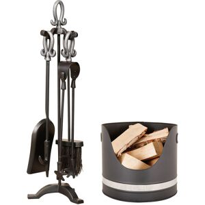 Dibor PEWTER Handled Free Standing Companion Set with Black & Nickel Log Bucket in Silver Silver Dibor PEWTER Handled Free Standing Companion Set with Black & Nickel Log Bucket in Silver Silver