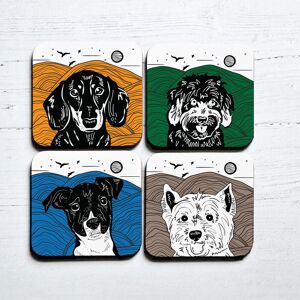 Afewhometruths Cute Dog Gift: Set of Four Linocut Coasters with Sausage Dog, Cavapoo, Jack Russell & Westie Designs in White White Afewhometruths Cute Dog Gift: Set of Four Linocut Coasters with Sausage Dog, Cavapoo, Jack Russell & Westie Designs in White White