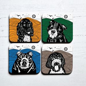 Afewhometruths Dog Lovers' Delight: Set of Four Linocut Coasters with Cocker Spaniel, Staffy, Bulldog & Goldendoodle Designs in White White Afewhometruths Dog Lovers' Delight: Set of Four Linocut Coasters with Cocker Spaniel, Staffy, Bulldog & Goldendoodle Designs in White White