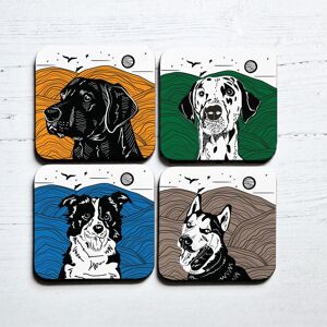 Afewhometruths Set of Four Linocut Coasters with Labrador, Dalmatian, Border Collie & Husky Designs in White White Afewhometruths Set of Four Linocut Coasters with Labrador, Dalmatian, Border Collie & Husky Designs in White White