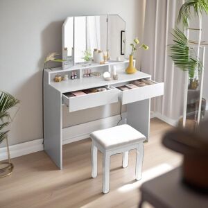 FURNOS 2 Drawer Dressing Table With Tri-Fold Mirror White White FURNOS 2 Drawer Dressing Table With Tri-Fold Mirror White White