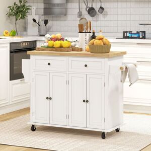 HOMCOM Rolling Kitchen Island Cart with Rubber Wood Top, Spices Cream White Cream HOMCOM Rolling Kitchen Island Cart with Rubber Wood Top, Spices Cream White Cream