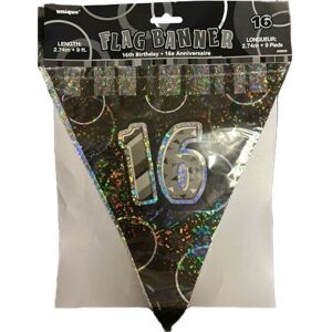 Unique Party 16th Birthday Flag Banner (Pack of 9) in Black Black Unique Party 16th Birthday Flag Banner (Pack of 9) in Black Black