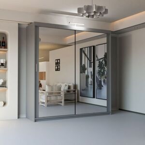 Sliding Wardrobes 4U Double Mirror Sliding Wardrobe With LED Light W150cm x H217cm x D62cm in Grey Grey Sliding Wardrobes 4U Double Mirror Sliding Wardrobe With LED Light W150cm x H217cm x D62cm in Grey Grey
