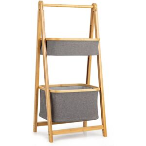 Costway Bamboo Laundry Hamper Shelf 2-tier Laundry Toy Organizer with Solid A-shaped Frame & Linen Type Compartments in Natural Natural Costway Bamboo Laundry Hamper Shelf 2-tier Laundry Toy Organizer with Solid A-shaped Frame & Linen Type Compartments in Natural Natural