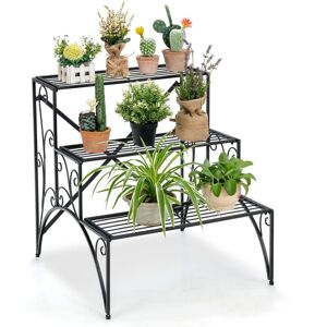 Costway 3 Tiers Metal Plant Stand Ladder Flower Pots Holder with Grid Shelves in Black Black Costway 3 Tiers Metal Plant Stand Ladder Flower Pots Holder with Grid Shelves in Black Black