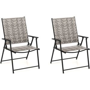 Costway Set of 2 Patio Folding Chairs Outdoor Wicker Dining Chairs with Armrests in Grey Grey Costway Set of 2 Patio Folding Chairs Outdoor Wicker Dining Chairs with Armrests in Grey Grey