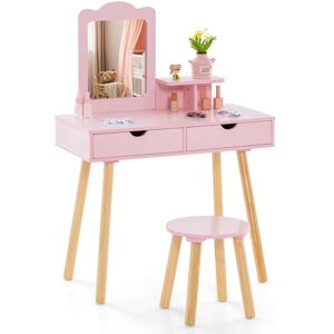 Costway 2-in-1 Toddler Vanity Makeup Dressing Table & Chair Set W/ Mirror & Drawers in Pink Pink Costway 2-in-1 Toddler Vanity Makeup Dressing Table & Chair Set W/ Mirror & Drawers in Pink Pink
