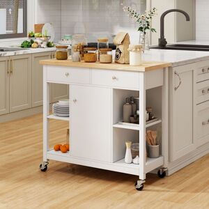 Costway Kitchen Trolley Cart Rolling Kitchen Island with Cabinet & Rubber Wood Top in White White Costway Kitchen Trolley Cart Rolling Kitchen Island with Cabinet & Rubber Wood Top in White White