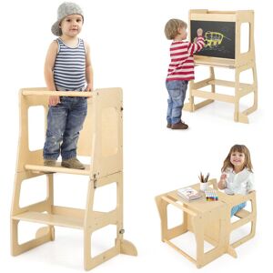 Costway 3-in-1 Foldable Kitchen Standing Tower Montessori Toddler Step Stool w/ Chalkboard in Natural Natural Costway 3-in-1 Foldable Kitchen Standing Tower Montessori Toddler Step Stool w/ Chalkboard in Natural Natural