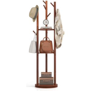 Costway Freestanding Wooden Coat Tree with 3 Display Storage Shelves & 9 Hooks in Brown Brown Costway Freestanding Wooden Coat Tree with 3 Display Storage Shelves & 9 Hooks in Brown Brown