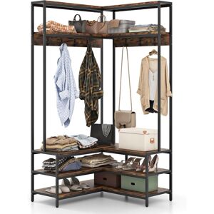 Gymax L-shaped Clothes Rack Corner Shoe Bench With Open Shelves & 7 Hooks in Brown Brown Gymax L-shaped Clothes Rack Corner Shoe Bench With Open Shelves & 7 Hooks in Brown Brown