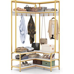 Gymax L-shaped Clothes Rack Corner Shoe Bench With Open Shelves & 7 Hooks in White White Gymax L-shaped Clothes Rack Corner Shoe Bench With Open Shelves & 7 Hooks in White White