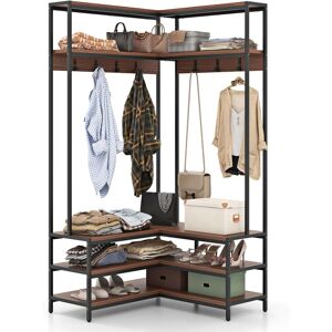 Gymax L-shaped Clothes Rack Corner Shoe Bench With Open Shelves & 7 Hooks in Dark Brown Dark Brown Gymax L-shaped Clothes Rack Corner Shoe Bench With Open Shelves & 7 Hooks in Dark Brown Dark Brown