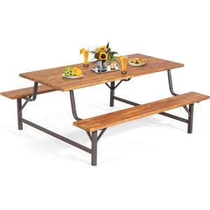 Gymax Picnic Dining Table Bench Set 180CM Rectangular Tabletop Umbrella Hole in Brown Brown Gymax Picnic Dining Table Bench Set 180CM Rectangular Tabletop Umbrella Hole in Brown Brown