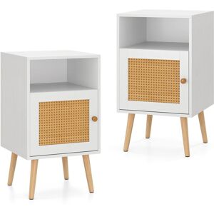 Costway 2Pcs Rattan Nightstand Bedside Table PE Rattan Decorated Door in White White Costway 2Pcs Rattan Nightstand Bedside Table PE Rattan Decorated Door in White White