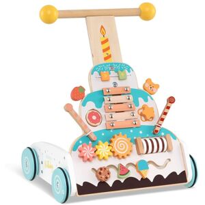 Gymax Wooden Baby Walker Height Adjustable Push Walker With Activity Center in White White Gymax Wooden Baby Walker Height Adjustable Push Walker With Activity Center in White White