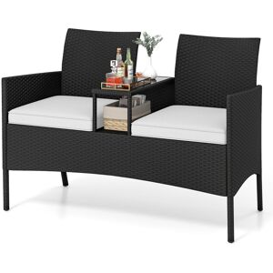Gymax Wicker 2-Seat Patio Loveseat With Built-in Side Table Furniture in White White Gymax Wicker 2-Seat Patio Loveseat With Built-in Side Table Furniture in White White