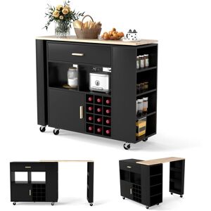 Gymax Kitchen Island Wine Bar Table Combo Reversible Mobile Serving Cart in Black Black Gymax Kitchen Island Wine Bar Table Combo Reversible Mobile Serving Cart in Black Black