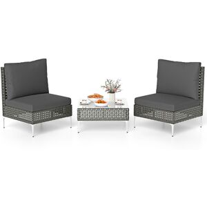 Gymax 3 Pieces Patio Bistro Set PE Rattan Furniture Set With Coffee Table in Grey Grey Gymax 3 Pieces Patio Bistro Set PE Rattan Furniture Set With Coffee Table in Grey Grey