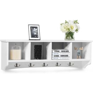 Costway Wall-Mounted Coat Rack w/4 Cubes Wooden Display Cabinet w/ 5 Hooks in White White Costway Wall-Mounted Coat Rack w/4 Cubes Wooden Display Cabinet w/ 5 Hooks in White White