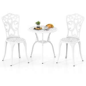 Costway 3 Piece Bistro Set All Weather Cast Aluminum Bistro Table Set in White White Costway 3 Piece Bistro Set All Weather Cast Aluminum Bistro Table Set in White White