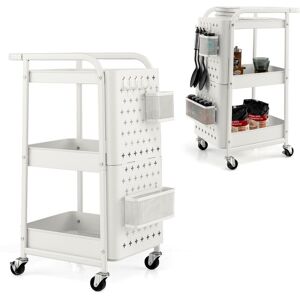 Costway 3-Tier Rolling Trolley Metal Storage Cart w/ 2 Pegboards 2 Baskets 4 Hooks in White White Costway 3-Tier Rolling Trolley Metal Storage Cart w/ 2 Pegboards 2 Baskets 4 Hooks in White White